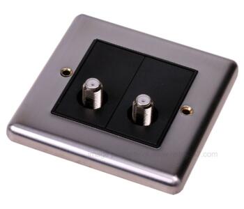 Brushed Satin Chrome Twin Satellite Socket Outlet - With Black Interior
