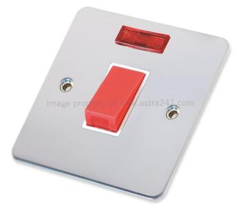 Flat Plate Polished Chrome 45A DP Switch / Cooker -   45A DP Switch With Neon - 1 Gang
