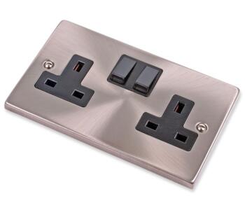 Satin Chrome Double Socket - 2 Gang Twin Switched - With Black Interior