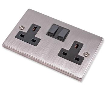Stainless Steel 13A Switched Socket Out -Black Ins - Double Socket 2 Gang Switched  