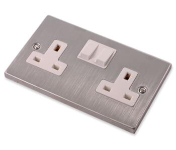 Stainless Steel 13A Switched Socket Out -White Ins - Double Socket 2 Gang Switched - White Insert