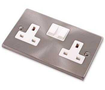 Satin Chrome Double Socket - 2 Gang Twin Switched - With White Interior
