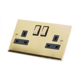 Slimline 13A Double Switched Socket - Polish/Brass - With Black Interior