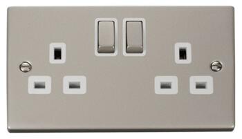 Pearl Nickel Double Socket Ingot 2Gang Switched - With White Interior