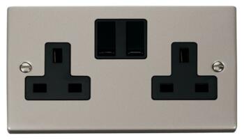 Pearl Nickel Double Socket 2 Gang Twin Switched - With Black Interior