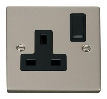 Pearl Nickel Single Socket 13A 1 Gang Switched - With Black Interior