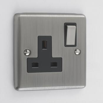 Windsor Brushed Chrome 13A Single Switched Socket  - With Black Interior