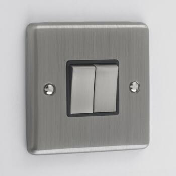 Windsor Brushed Chrome Double 2 Gang Light Switch - With Black Interior