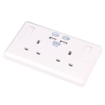 Double Socket with 2 USB Outlets - 2 Gang 13A  - White