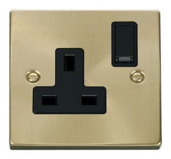 Satin Brass Single Socket - 13A 1 Gang Switched - With Black Interior