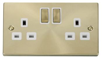 Satin Brass Double Socket 2 Gang Switched - White Interior