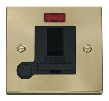 Satin Brass Switched Fused Spur 13A & Neon - With Black Interior