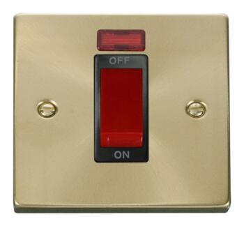 Satin Brass Cooker or Shower Isolator Switch 45A - Black Interior With Neon