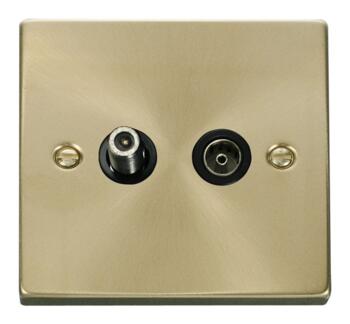 Satin Brass Satellite & TV Socket - Co-ax Outlet - With Black Interior