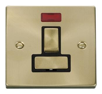 Satin Brass Switched Fused Spur 13A & Neon Ingot - With Black Interior