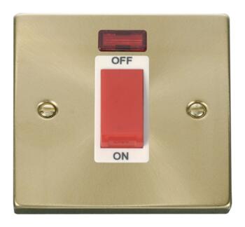 Satin Brass Cooker or Shower Isolator Switch 45A - White Interior With Neon