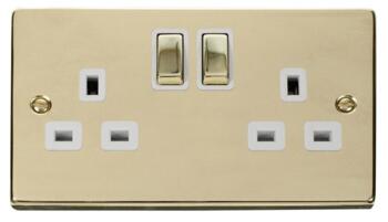 Polished Brass Double Socket -Ingot 2Gang Switched - With White Interior