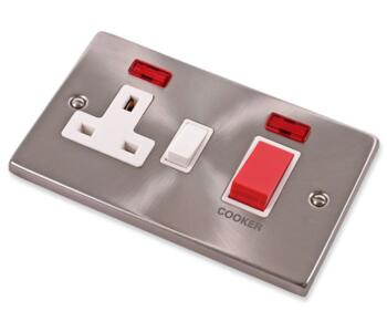 Satin Chrome Cooker Switch with Socket 45A DP Neon - With White Interior