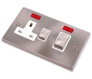 Satin Chrome Cooker Switch & Socket 45A Neon Ingot - With White Interior