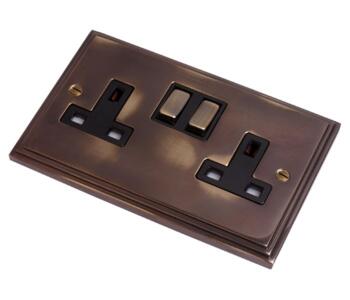 Aged Finish Double Socket - 2 Gang Switched - With Black Interior