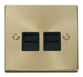 Satin Brass Double Telephone Socket - Secondary - With Black Interior