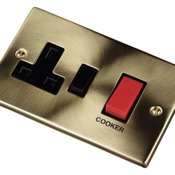 Satin Brass Cooker Switch & Socket 45A DP Neon - With Black Interior