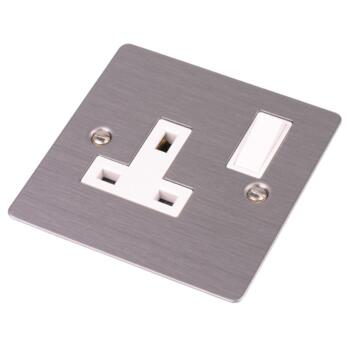 Flat Plate Stainless Steel Single Switched Socket - With White Interior