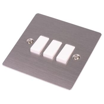 Flat Plate Stainless Steel Triple Light Switch - With White Interior