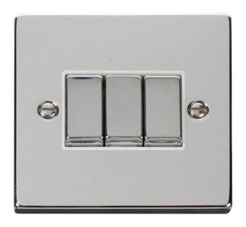 Polished Chrome Light Switch - Triple 3 Gang 2 Way - With White Interior