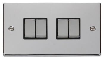 Polished Chrome Light Switch - Quad 4 Gang 2 Way - With Black Interior