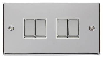 Polished Chrome Light Switch - Quad 4 Gang 2 Way - With White Interior