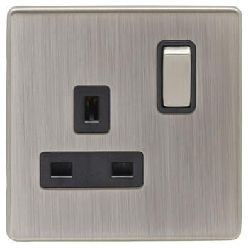 Screwless Satin Nickel 13A Single Switched Socket - With Black Interior