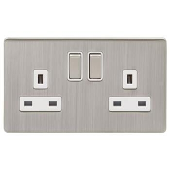 Screwless Satin Nickel 13A Double Switched Socket - With White Interior