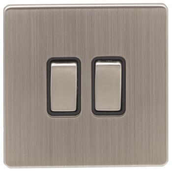Screwless Satin Nickel Double 1 or 2 Way Light Switch - With Black Interior