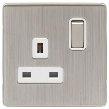 Screwless Satin Nickel 5A Single Unwitched Socket - With White Interior