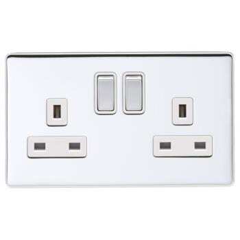 Screwless Polished Chrome Double Switched Socket - With White Interior
