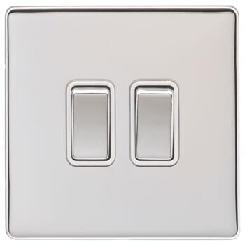 Screwless Polished Chrome Double Light Switch - With White Interior
