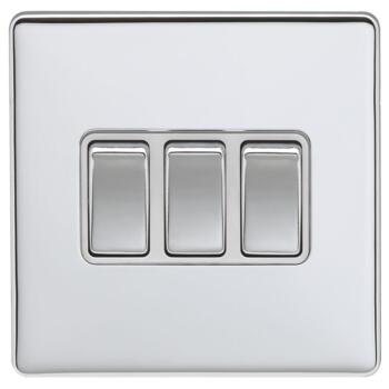 Screwless Polished Chrome Triple Light Switch - With White Interior