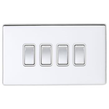 Screwless Polished Chrome Quad 1 or 2 Way Light Switch - With White Interior