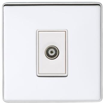 Screwless Polished Chrome TV Socket - 1 Gang TV With White Insert