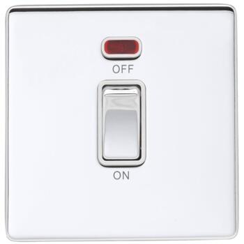 Screwless Polished Chrome 45A Cooker/Shower Switch - With White Insert And Neon