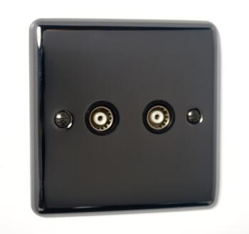 Slim Black Nickel TV / Satellite Socket Outlet - Double TV Socket - Twin Co-ax Outlet