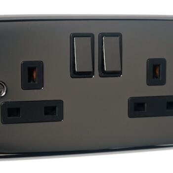 Slim Black Nickel 13A Switched Socket Outlet With USB Charger - With USB Charger