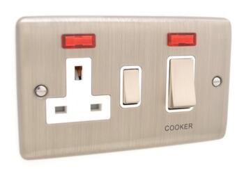 Slim Brushed Chrome 45A DP Cooker/Shower Switch - 45A DP Switch & 13A Switched Socket & Neons