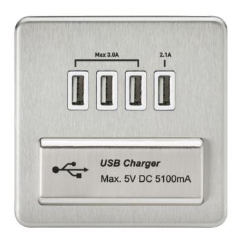 Screwless Brushed Chrome Single Quad USB Charger - With White Interior
