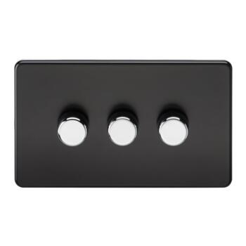 Screwless Matt Black Dimmer Light Switch With Chrome Dimmer Knobs - Triple 3 Gang 2 Way 10-200W (LED 5W-150W)