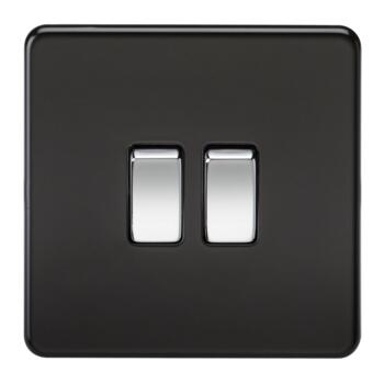 Screwless Matt Black Light Switch With Chrome Rocker Switches - Double 2 Gang 2 Way