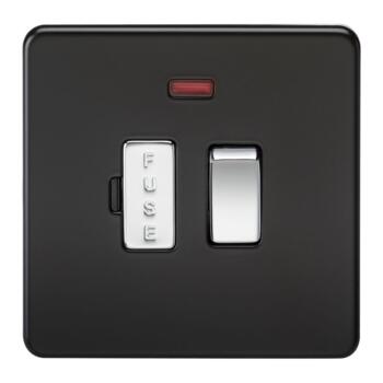 Screwless Matt Black Fused Spurs With Chrome Rocker Switches - 13a Switched With Neon