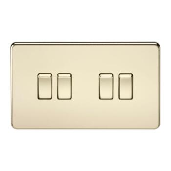 Screwless Polished Brass Light Switch - Quad 4 Gang 2 Way