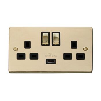 Polished Brass Double Socket -Ingot 2Gang Switched - Black With 1 USB Charger Ports